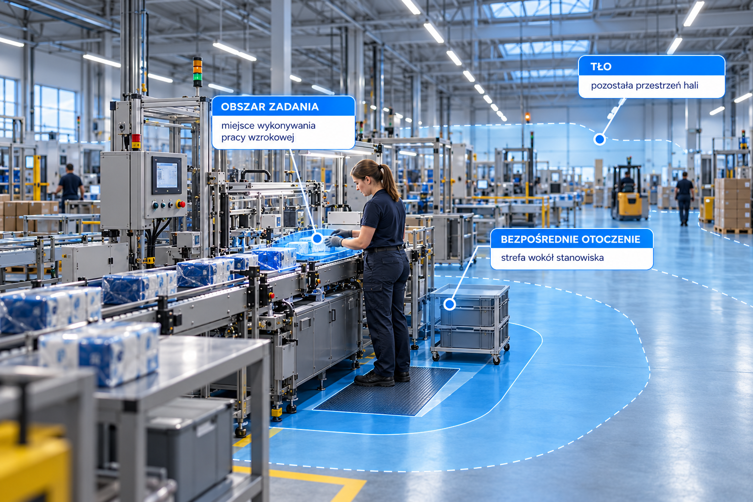 Strefy oświetlenia hali produkcyjnej według PN-EN 12464-1 – obszar zadania, otoczenie i tło
